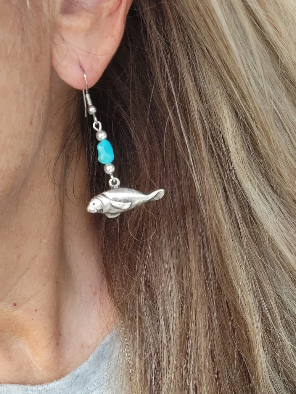 Vintage Manatee Dangle Earrings with Turquoise Howlite Beads